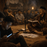 Dua pemuda sibuk dengan ponsel saat pertunjukan kaba Minangkabau berlangsung di belakang mereka, memperlihatkan kontras antara modernitas dan tradisi.