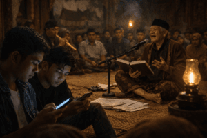 Dua pemuda sibuk dengan ponsel saat pertunjukan kaba Minangkabau berlangsung di belakang mereka, memperlihatkan kontras antara modernitas dan tradisi.