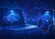 Ilustrasi orang bekerja menggunakan laptop dan smartphone dengan teknologi AI offline di perangkat