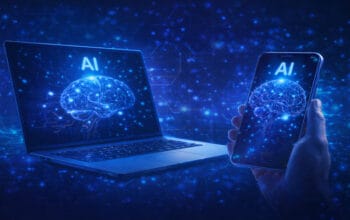 Ilustrasi orang bekerja menggunakan laptop dan smartphone dengan teknologi AI offline di perangkat