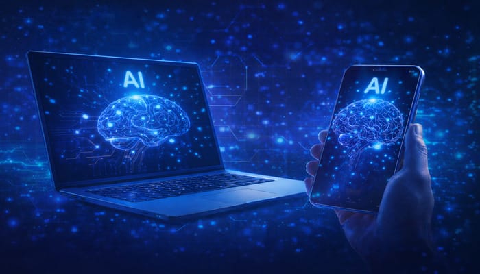 Ilustrasi orang bekerja menggunakan laptop dan smartphone dengan teknologi AI offline di perangkat